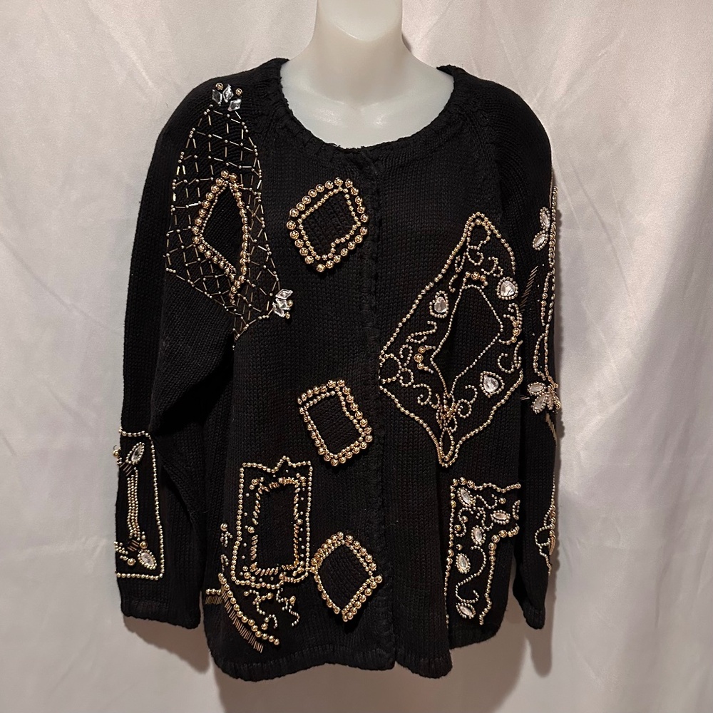 Vintage 80's Gold Beaded Black Cardigan Sweater Size 2X